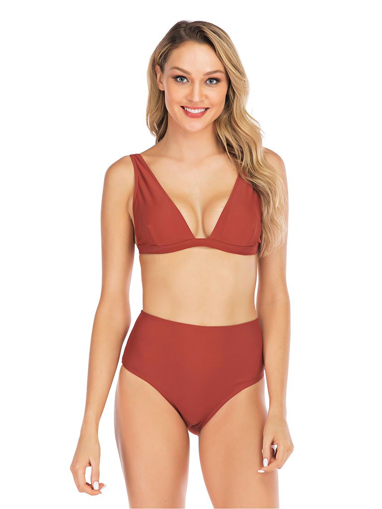 Red High Waisted Two Pieces Striated Triangle Bikini Sets