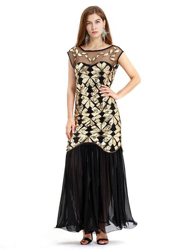 Black Gold 1920s Crew Neck Sequined Flapper Dres