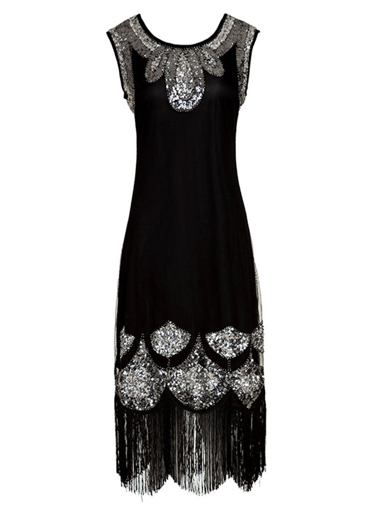 Black 1920S Sequined Fringe Gatsby Flapper Dress