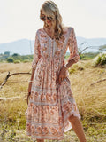 Floral Boho Dress Half Sleeve V Neck Beach Party Dress