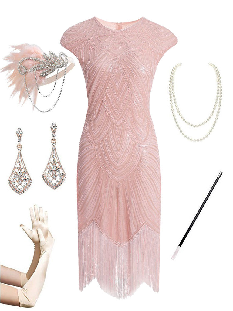 1920s Gatsby Sequined Fringed Flapper Dress Set