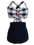 High Waisted Retro Style Backless Solid Black Two Pieces Bikini Sets