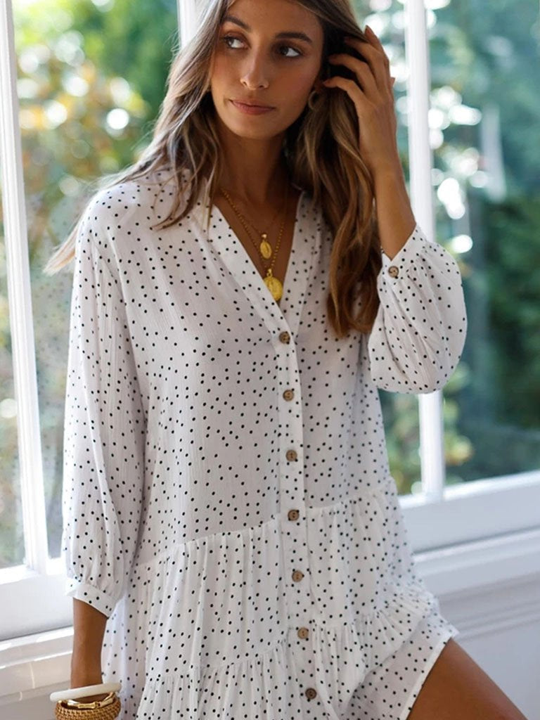 White Polka Dots V Neck Loose Midi Length Dress