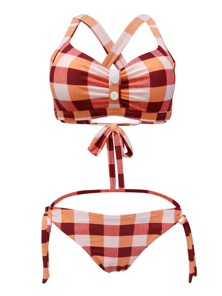 High Waisted Retro Style Backless Plaid Two Pieces Bikini Sets