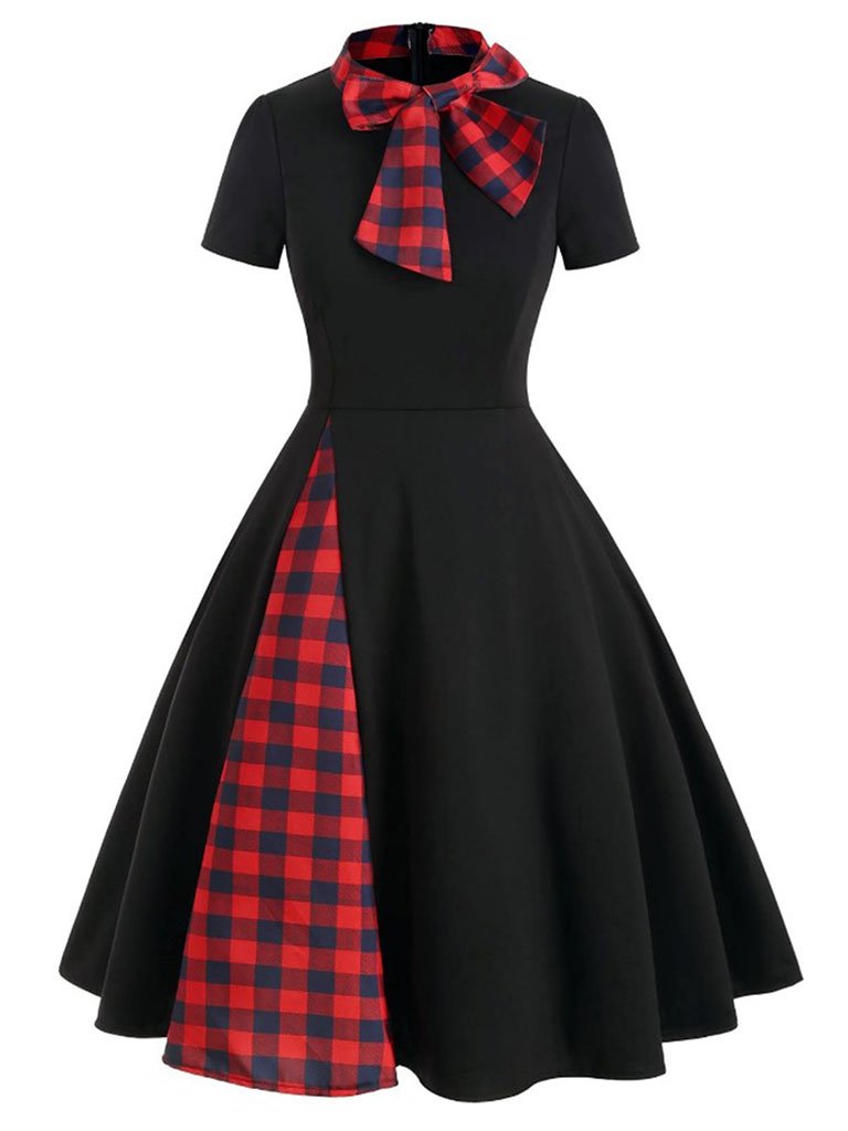 1950S Bow Collar Plaid Swing Dress
