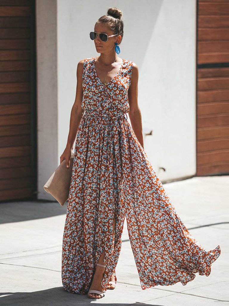 Boho Dress Floral Printed V Neck Summer Maxi Dresses Sleeveless