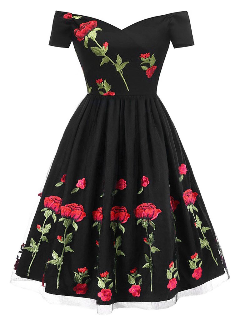 Off Shoulder 1950s Rose Embroidery Dress