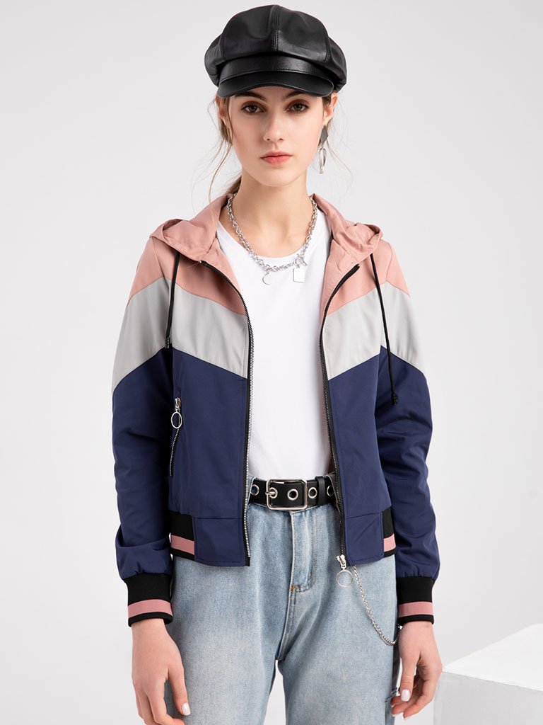 Jacket Street Daily Fall Winter Casual Color Block Stand Collar Jacket