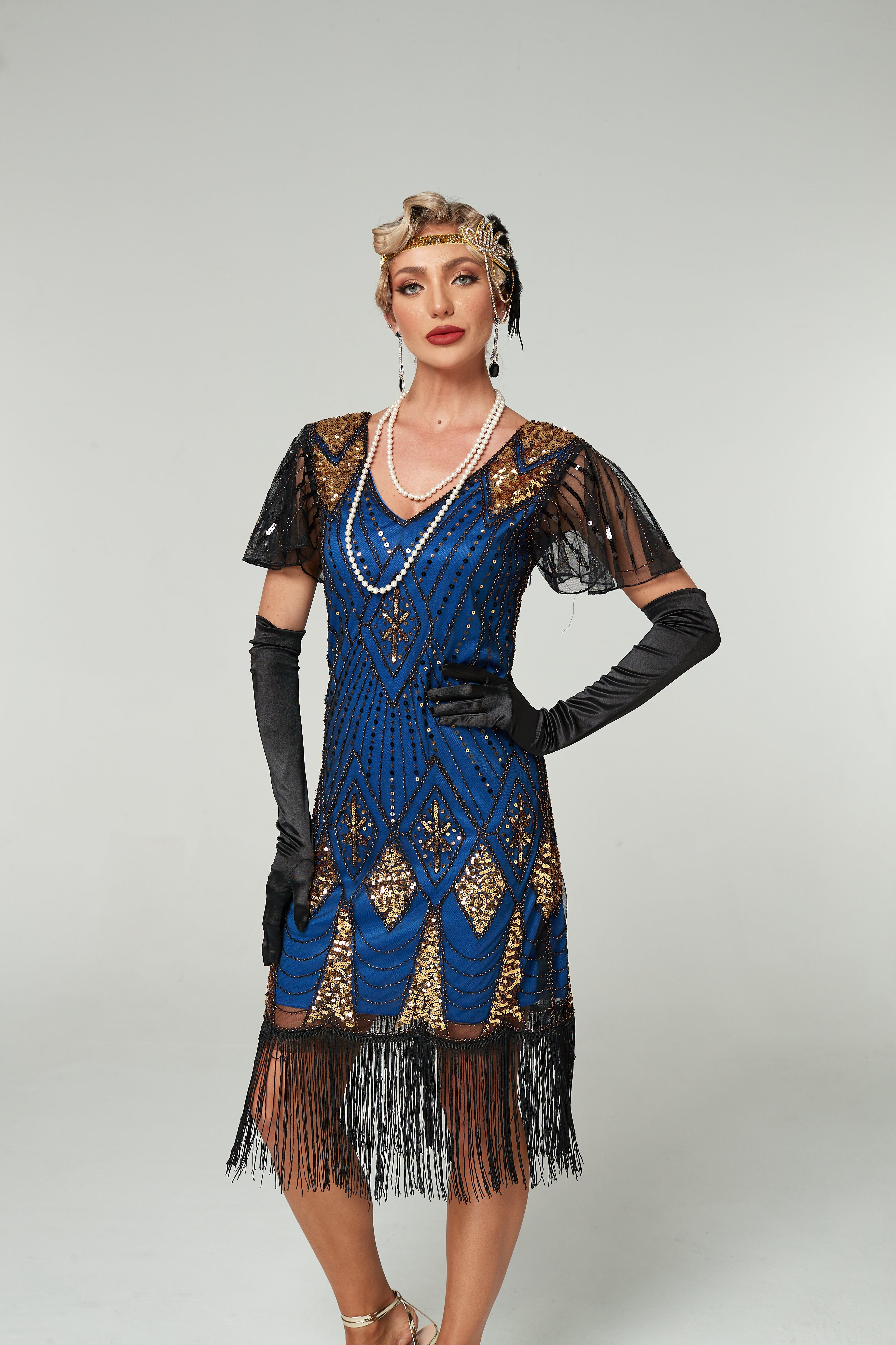 V Neck Sequined Beaded Tassels 1920S Gatsby Dress