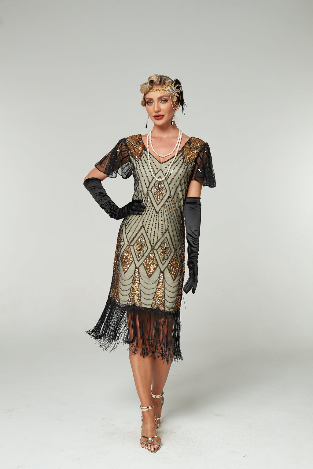 V Neck Sequined Beaded Tassels 1920S Gatsby Dress