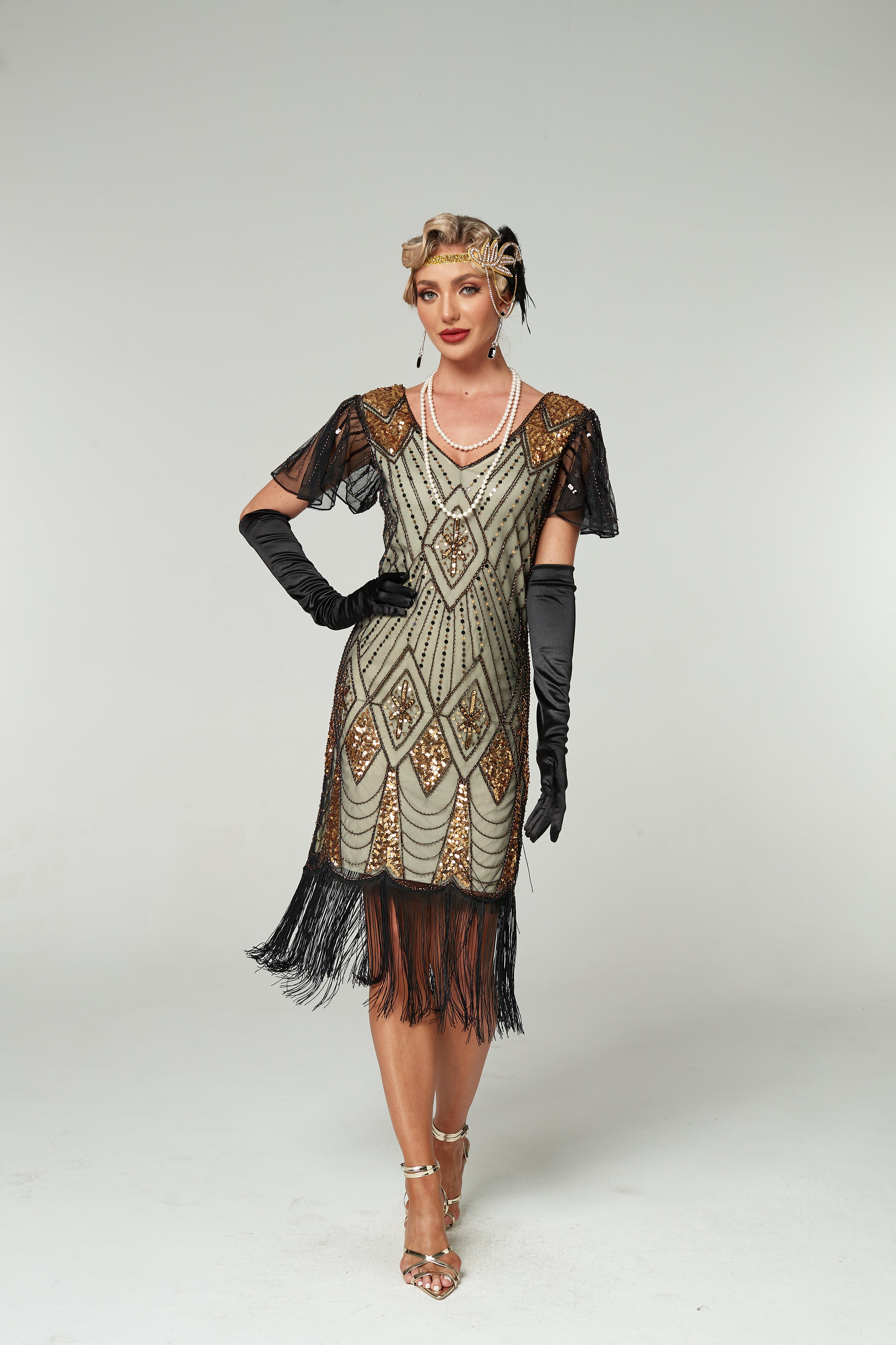 V Neck Sequined Beaded Tassels 1920S Gatsby Dress