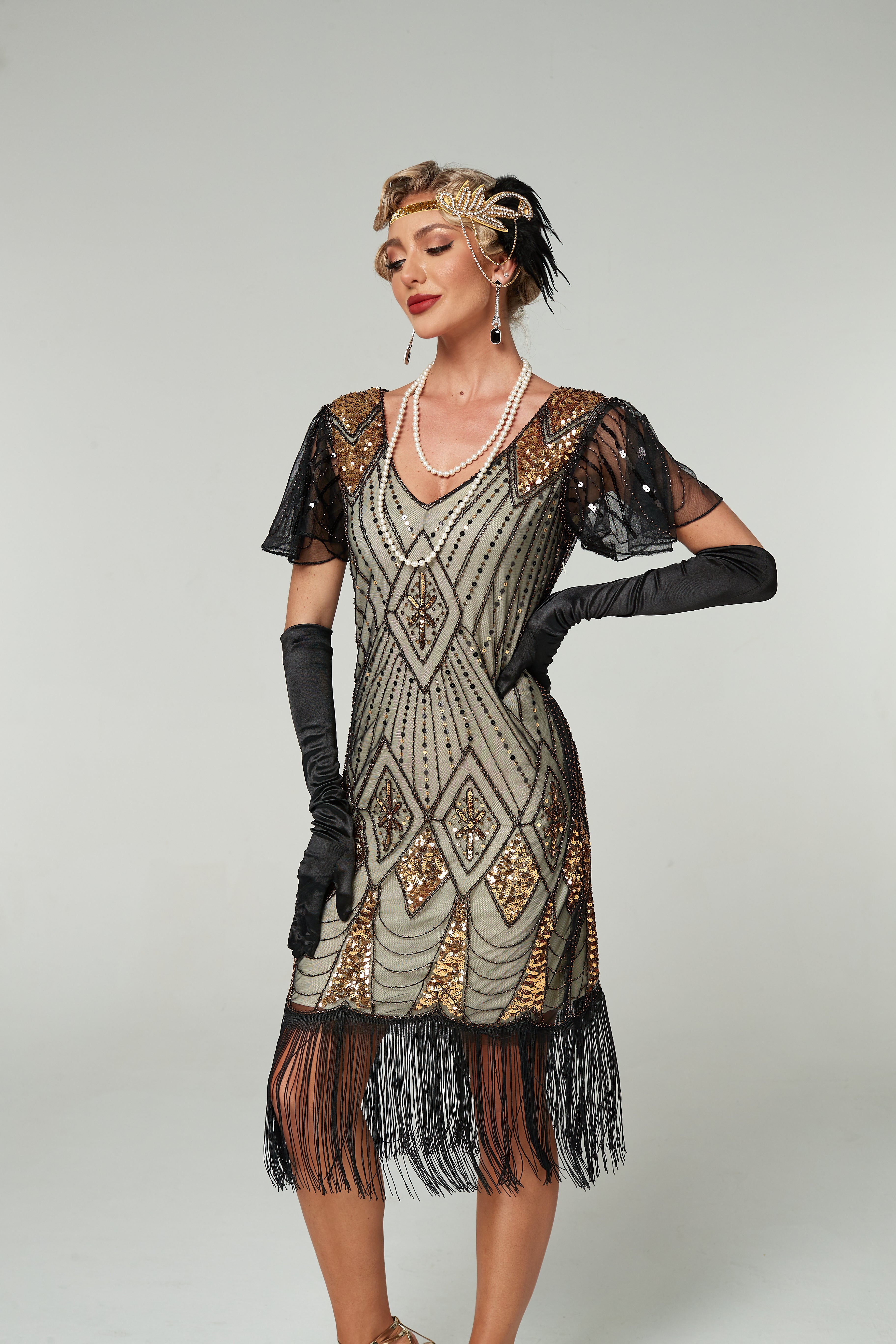V Neck Sequined Beaded Tassels 1920S Gatsby Dress