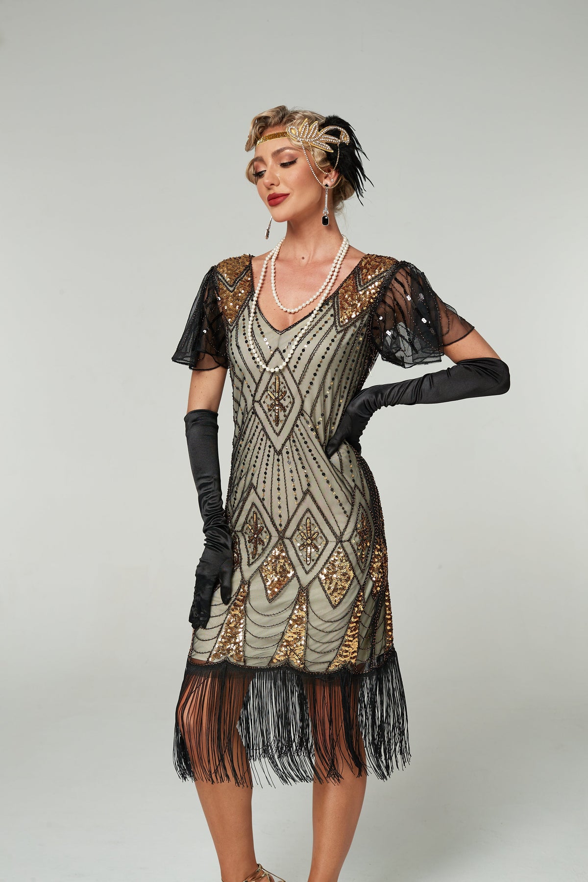 V Neck Sequined Beaded Tassels 1920S Gatsby Dress
