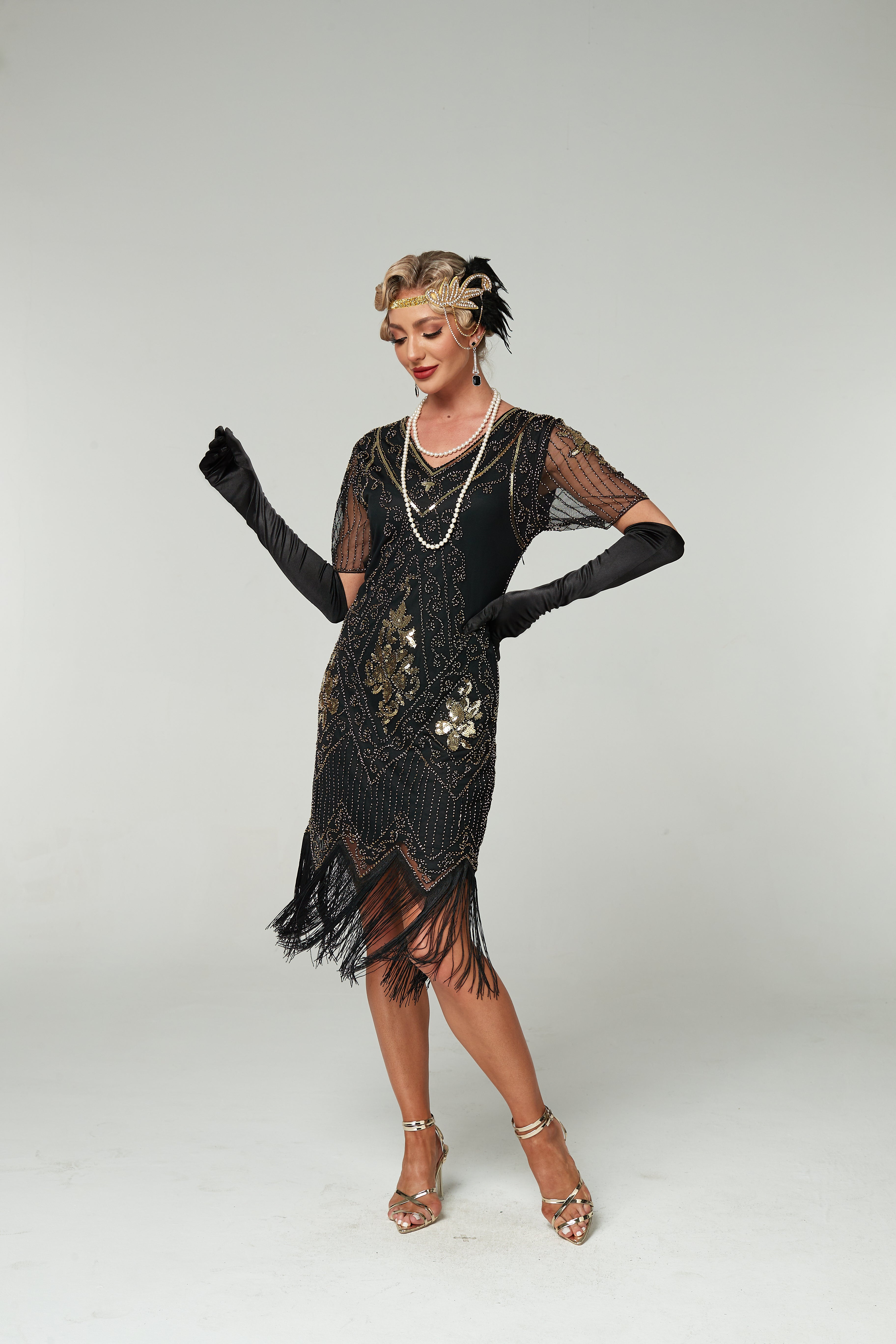 V Neck Sequined Beaded Tassels 1920S Gatsby Dress