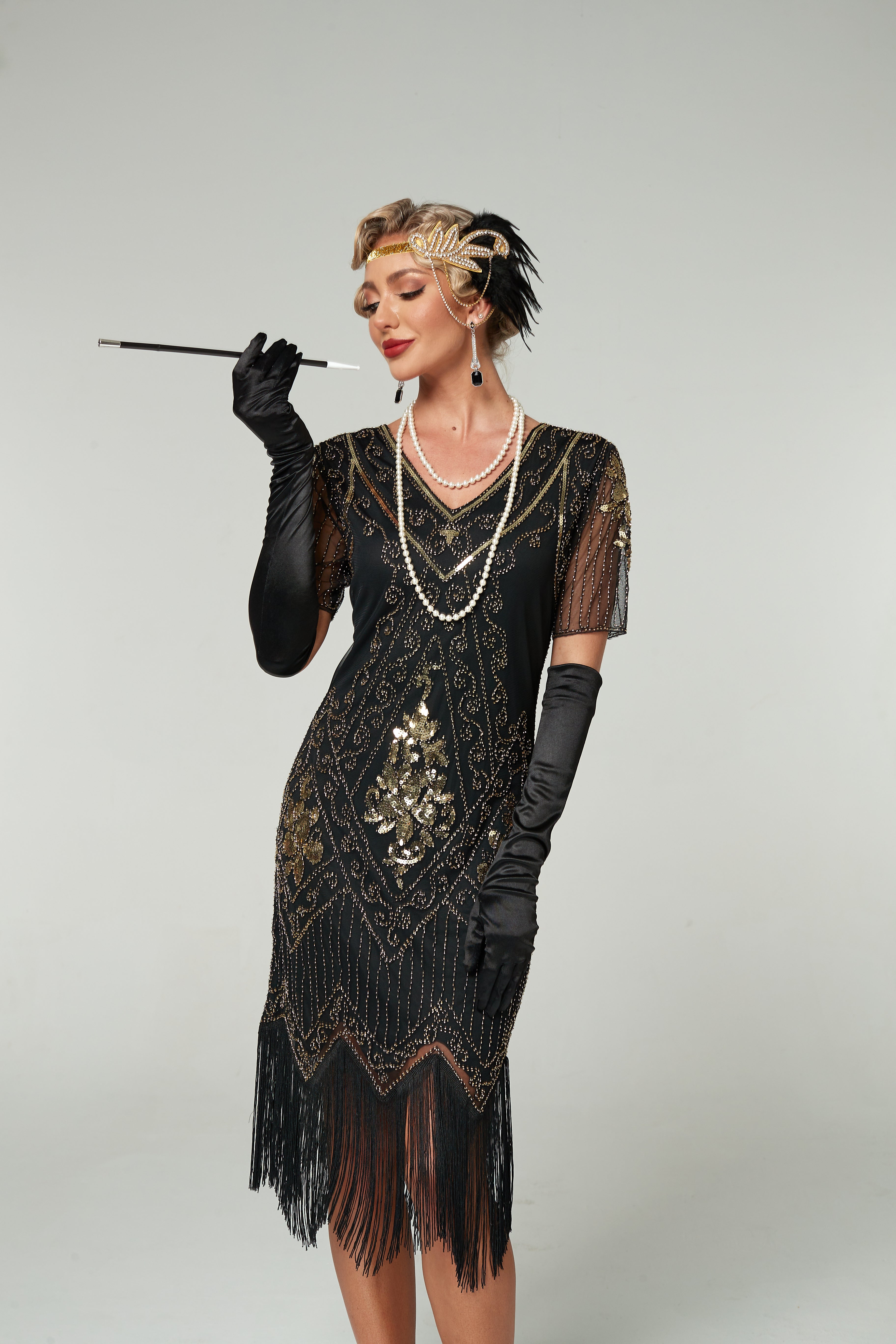 V Neck Sequined Beaded Tassels 1920S Gatsby Dress