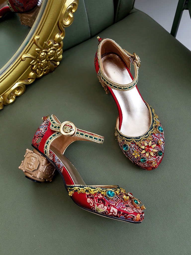 Luxurious Rhinestone Embroidery Floral Block Heel Ankle Strap Vintage Shoes
