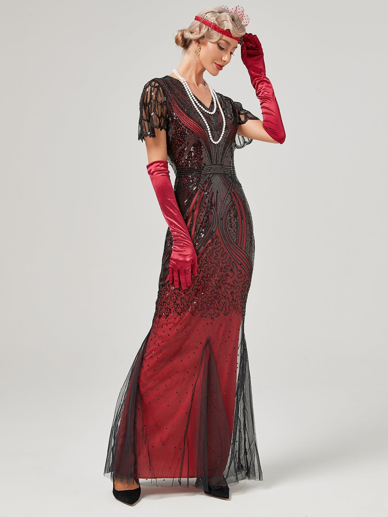 Wine Red 1920S Sequined Fringe Flapper Maxi Dress