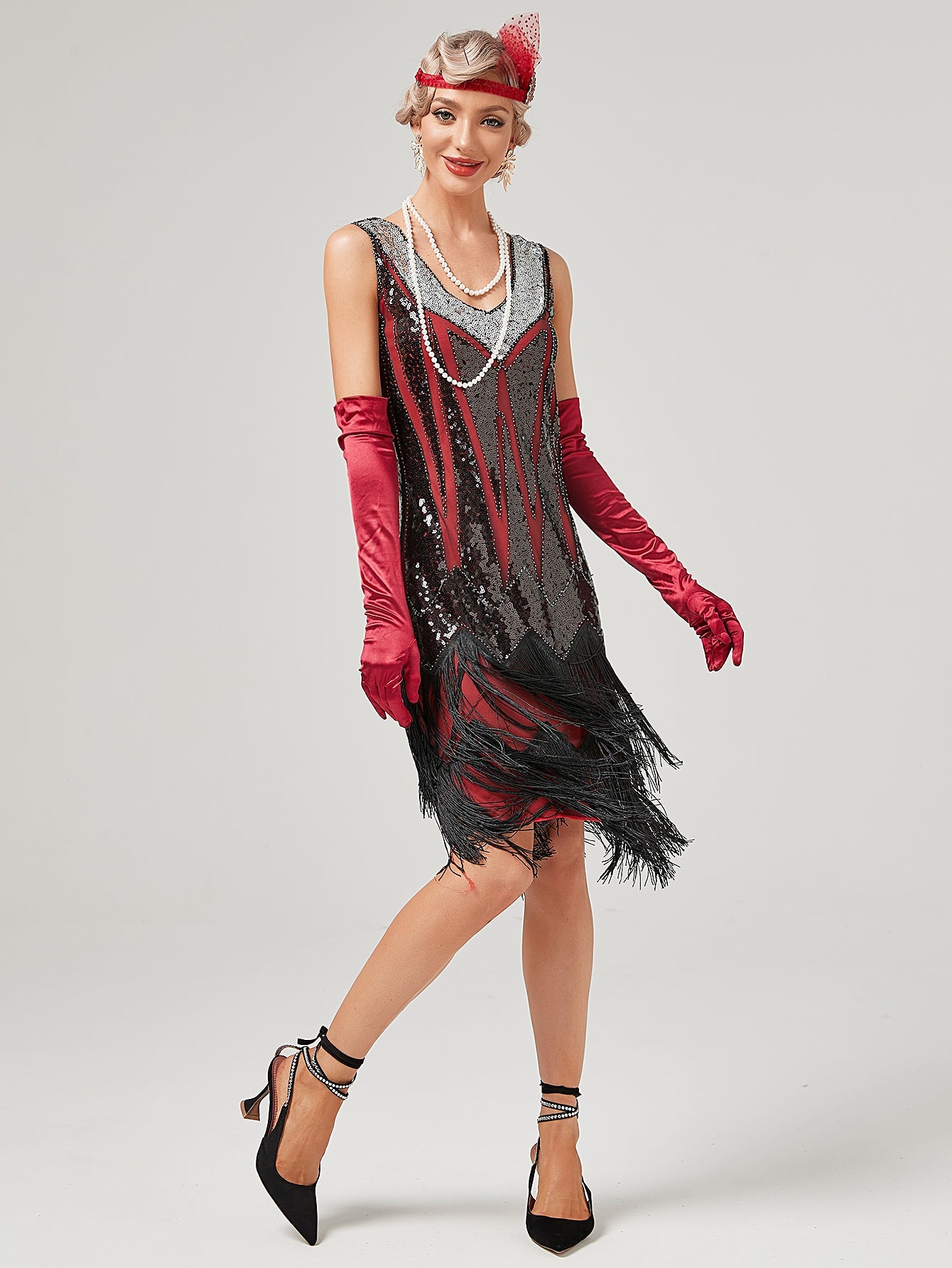 Deep V Neck Sequined Beaded Tassels 1920S Gatsby Dress