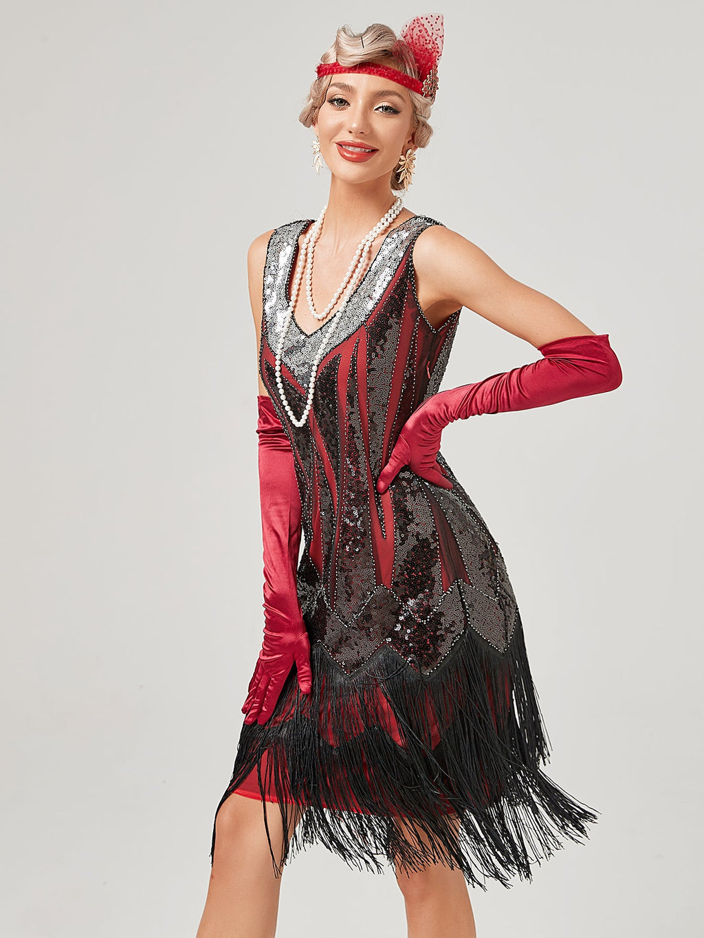 Deep V Neck Sequined Beaded Tassels 1920S Gatsby Dress