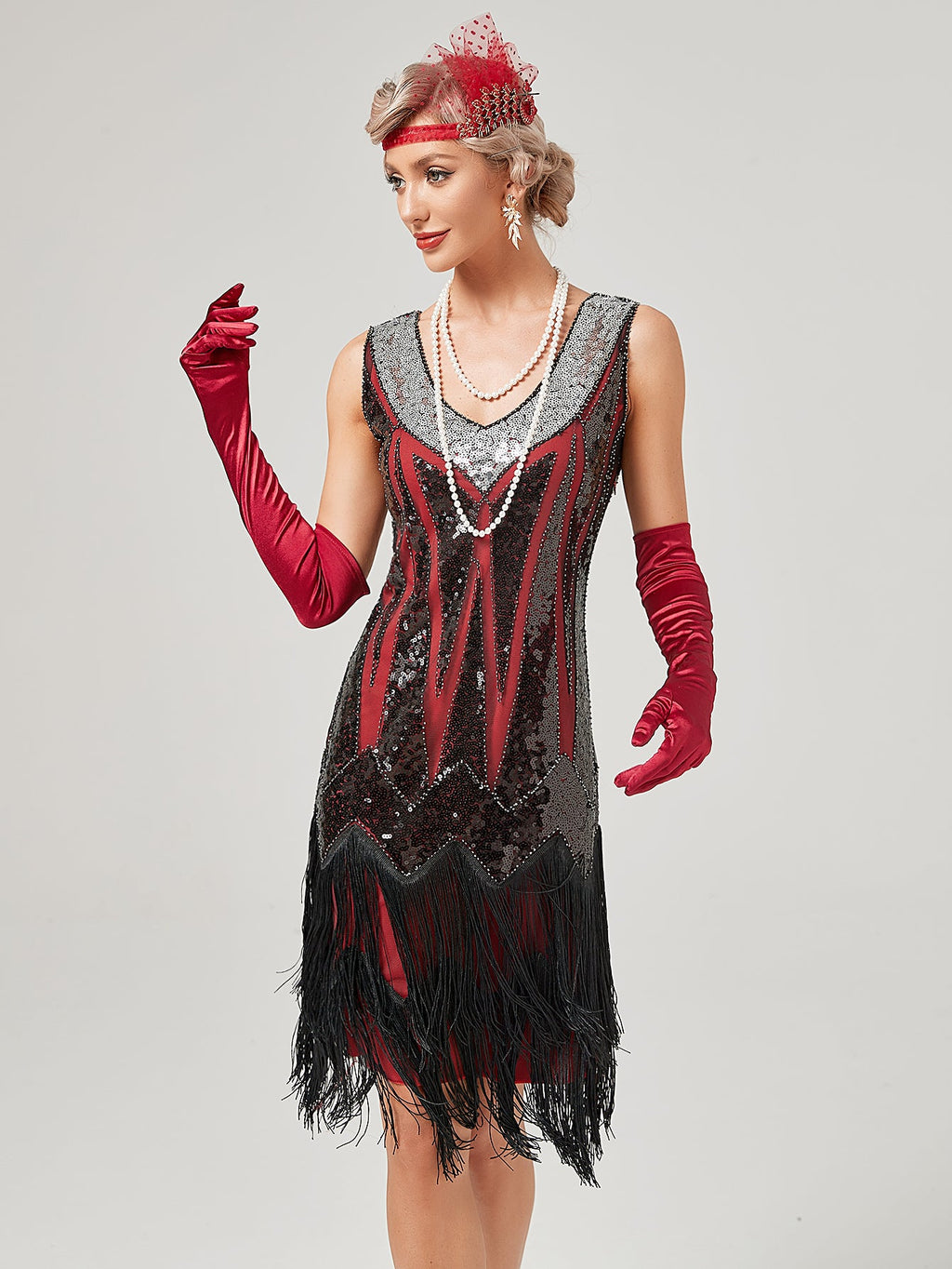 Deep V Neck Sequined Beaded Tassels 1920S Gatsby Dress