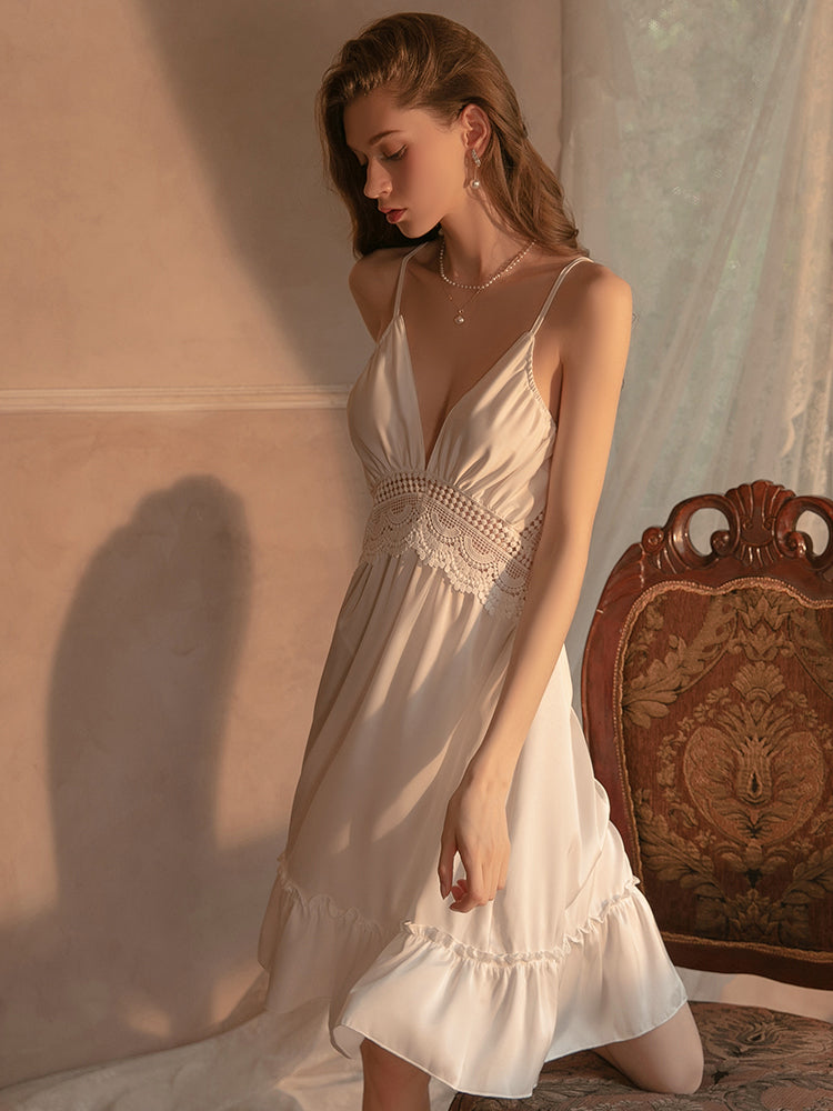 Chemise White Spaghetti Strap Backless Lace Lingerie