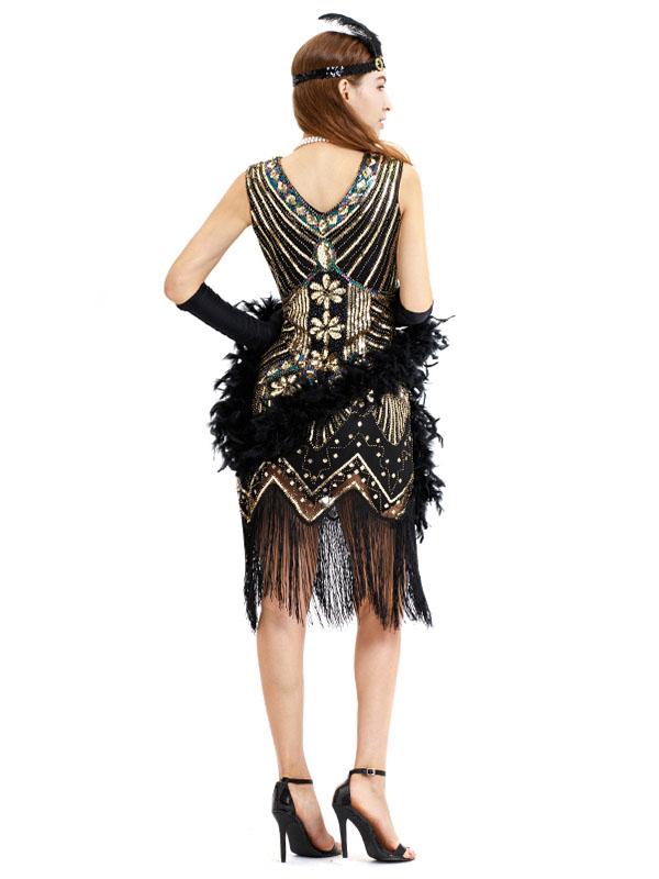 Black Silver 1920s V Neck Sequined Flapper Dres
