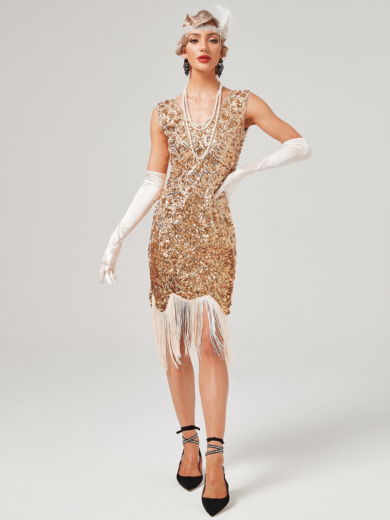 Pink V Neck Sequined Beaded Tassels 1920S Gatsby Dress