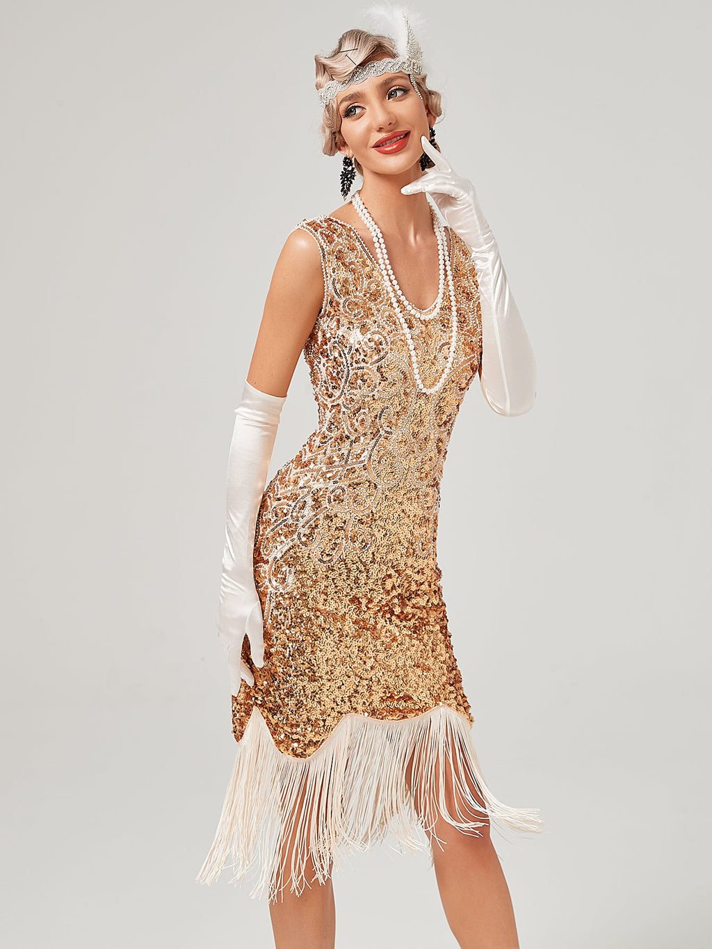Pink V Neck Sequined Beaded Tassels 1920S Gatsby Dress