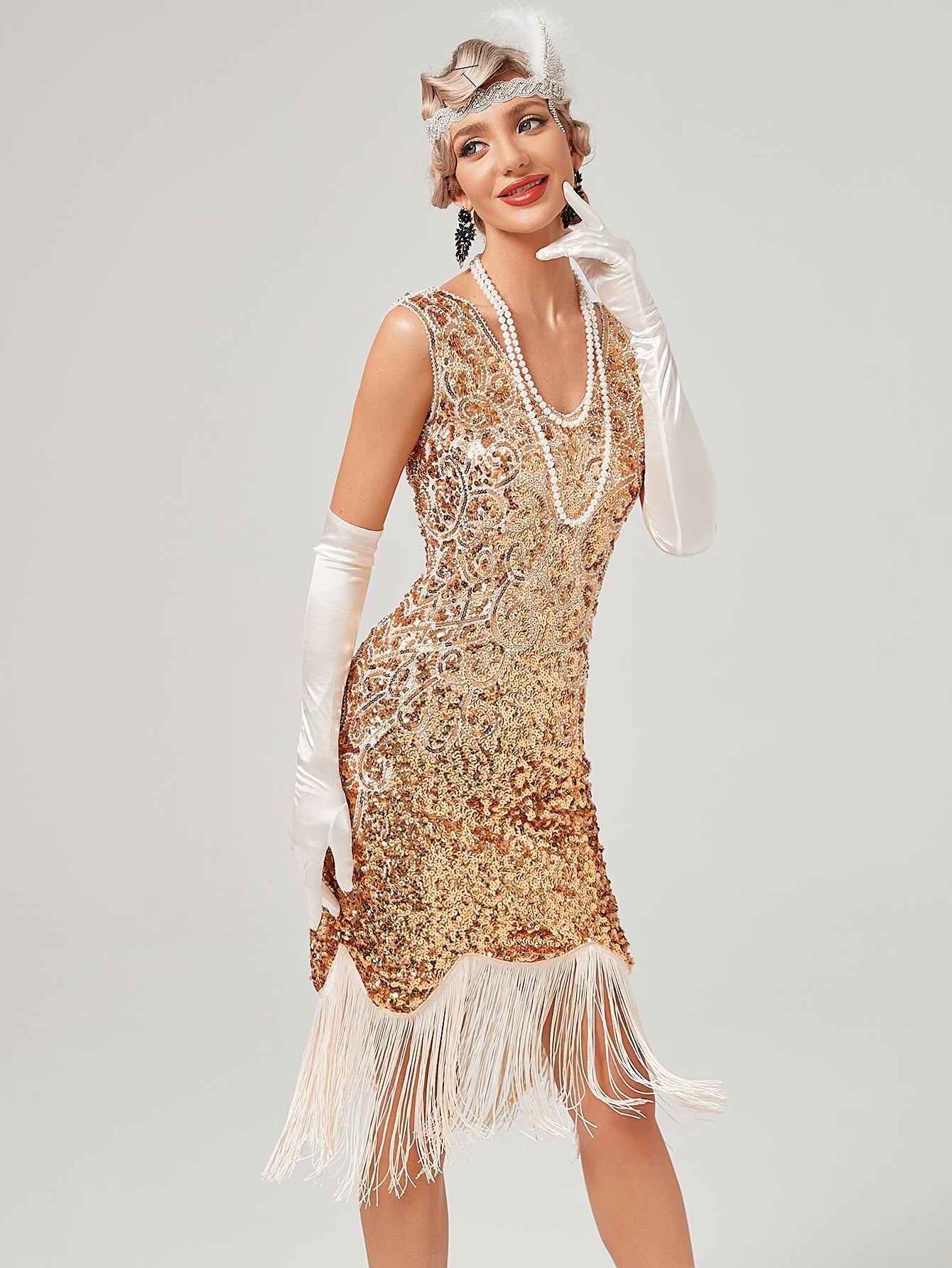 Pink V Neck Sequined Beaded Tassels 1920S Gatsby Dress