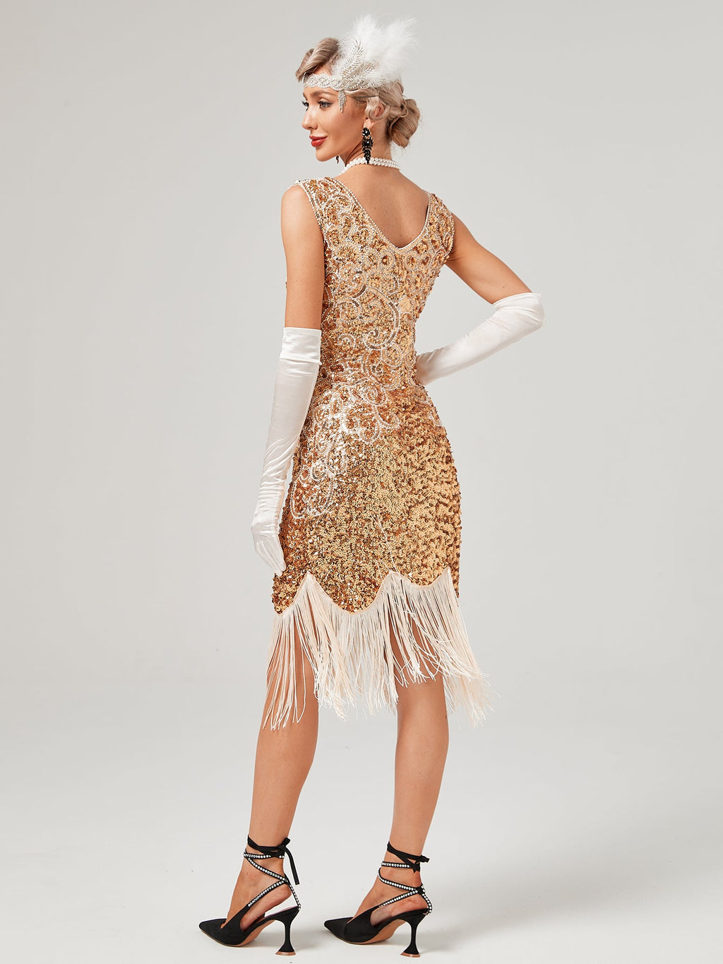 Pink V Neck Sequined Beaded Tassels 1920S Gatsby Dress