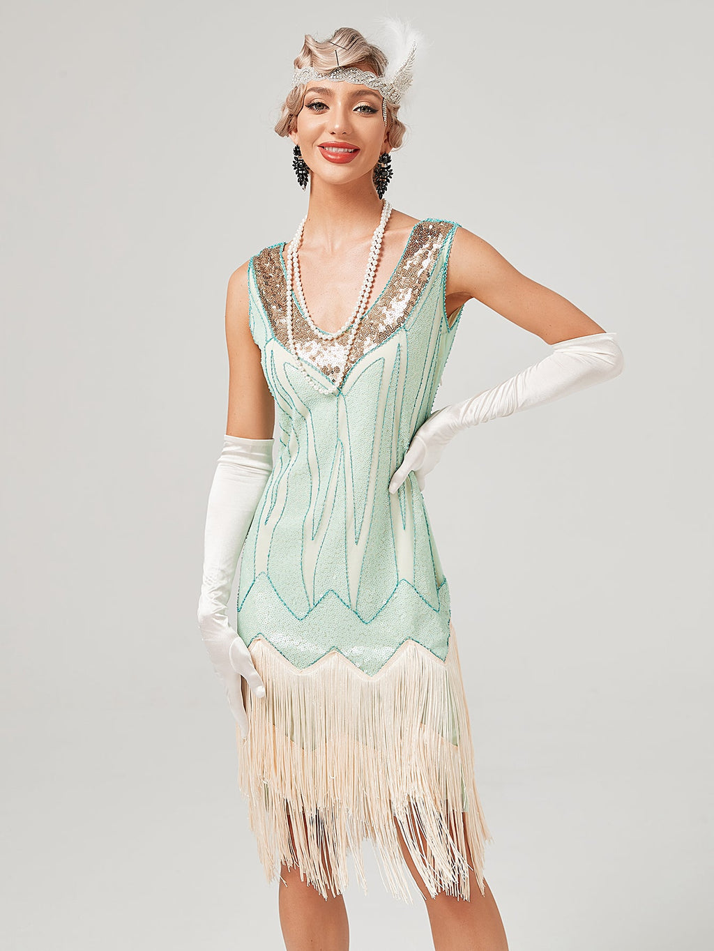 Deep V Neck Sequined Beaded Tassels 1920S Gatsby Dress