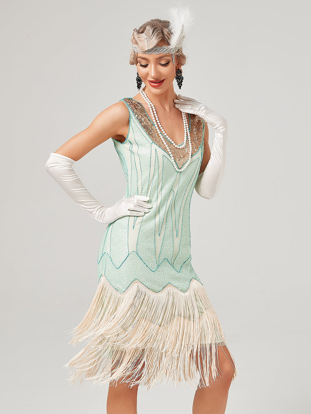 Deep V Neck Sequined Beaded Tassels 1920S Gatsby Dress