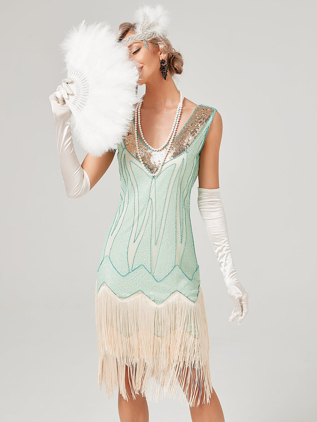Deep V Neck Sequined Beaded Tassels 1920S Gatsby Dress