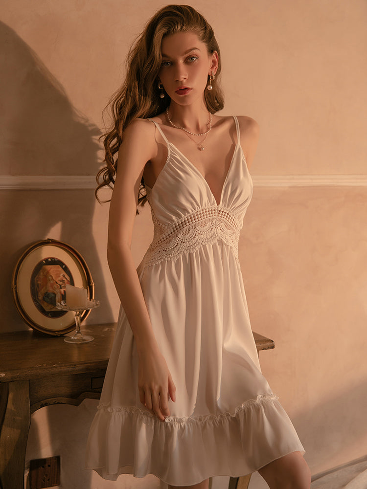 Chemise White Spaghetti Strap Backless Lace Lingerie