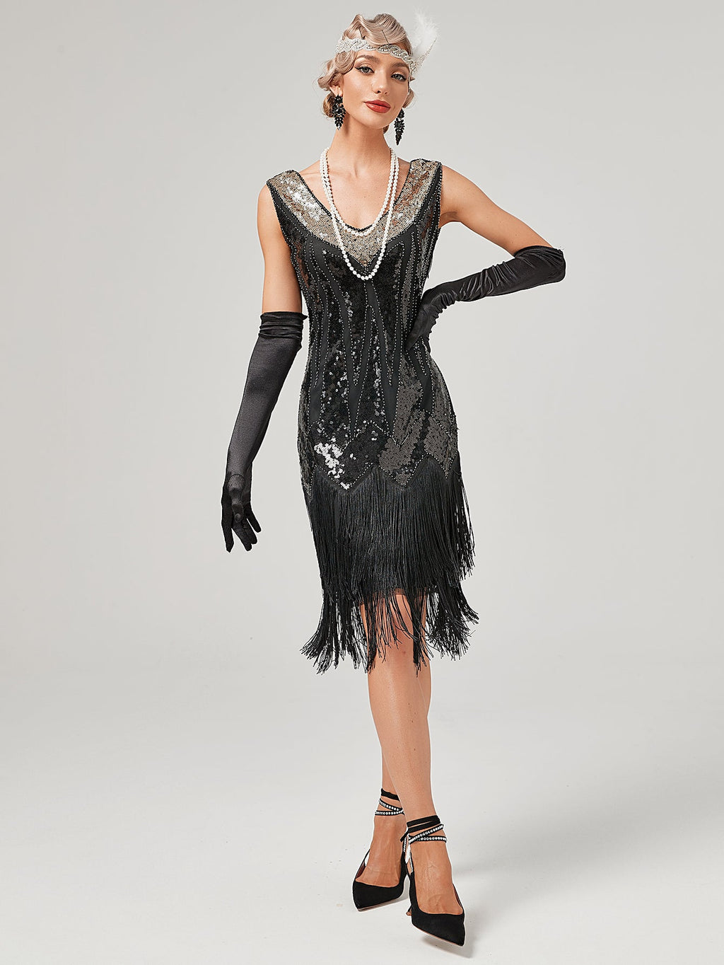 Deep V Neck Sequined Beaded Tassels 1920S Gatsby Dress