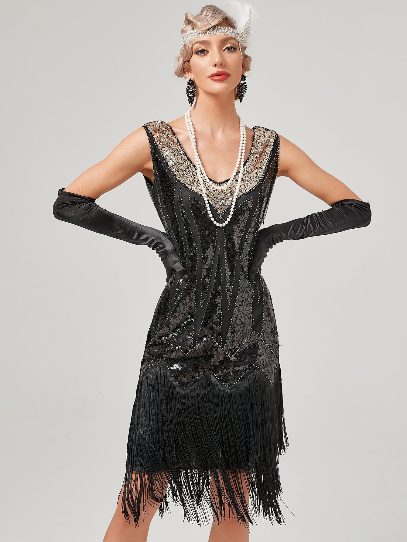 Deep V Neck Sequined Beaded Tassels 1920S Gatsby Dress