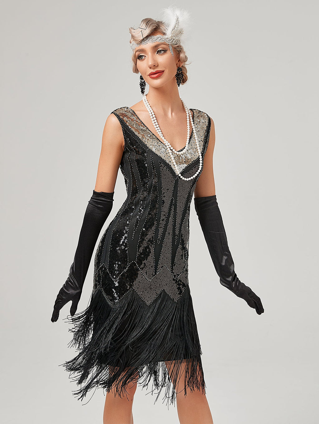 Deep V Neck Sequined Beaded Tassels 1920S Gatsby Dress