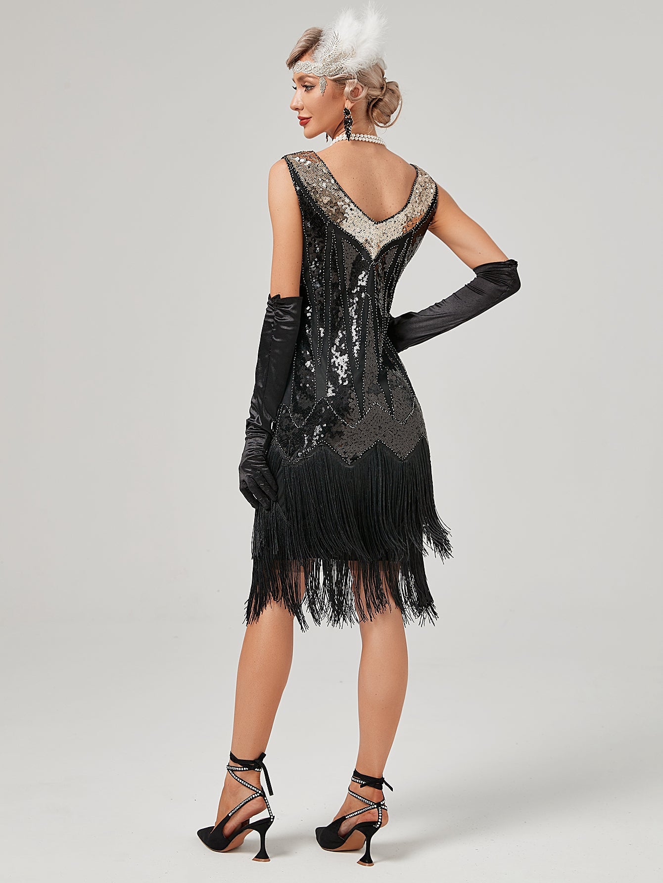 Deep V Neck Sequined Beaded Tassels 1920S Gatsby Dress