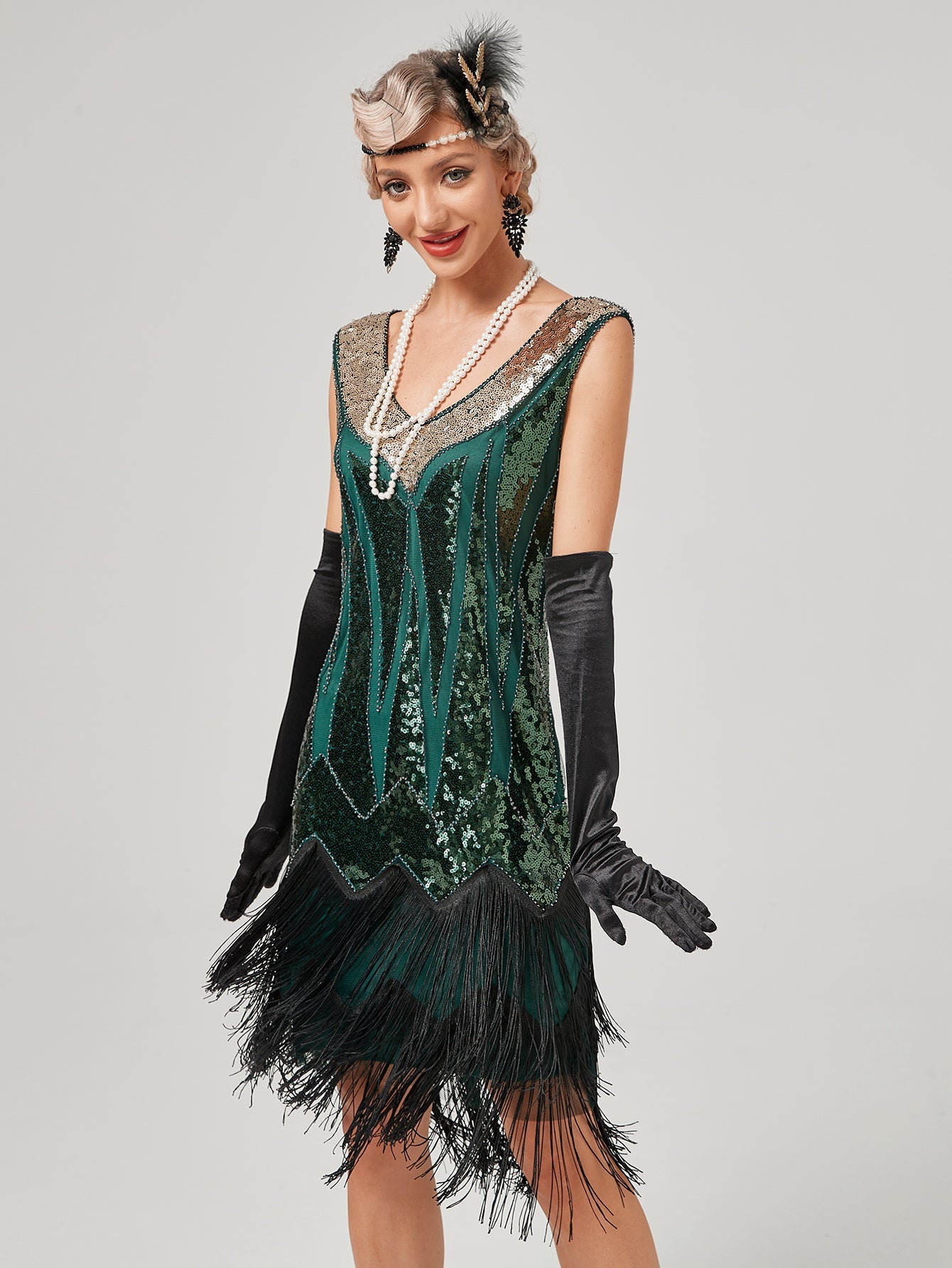 Deep V Neck Sequined Beaded Tassels 1920S Gatsby Dress