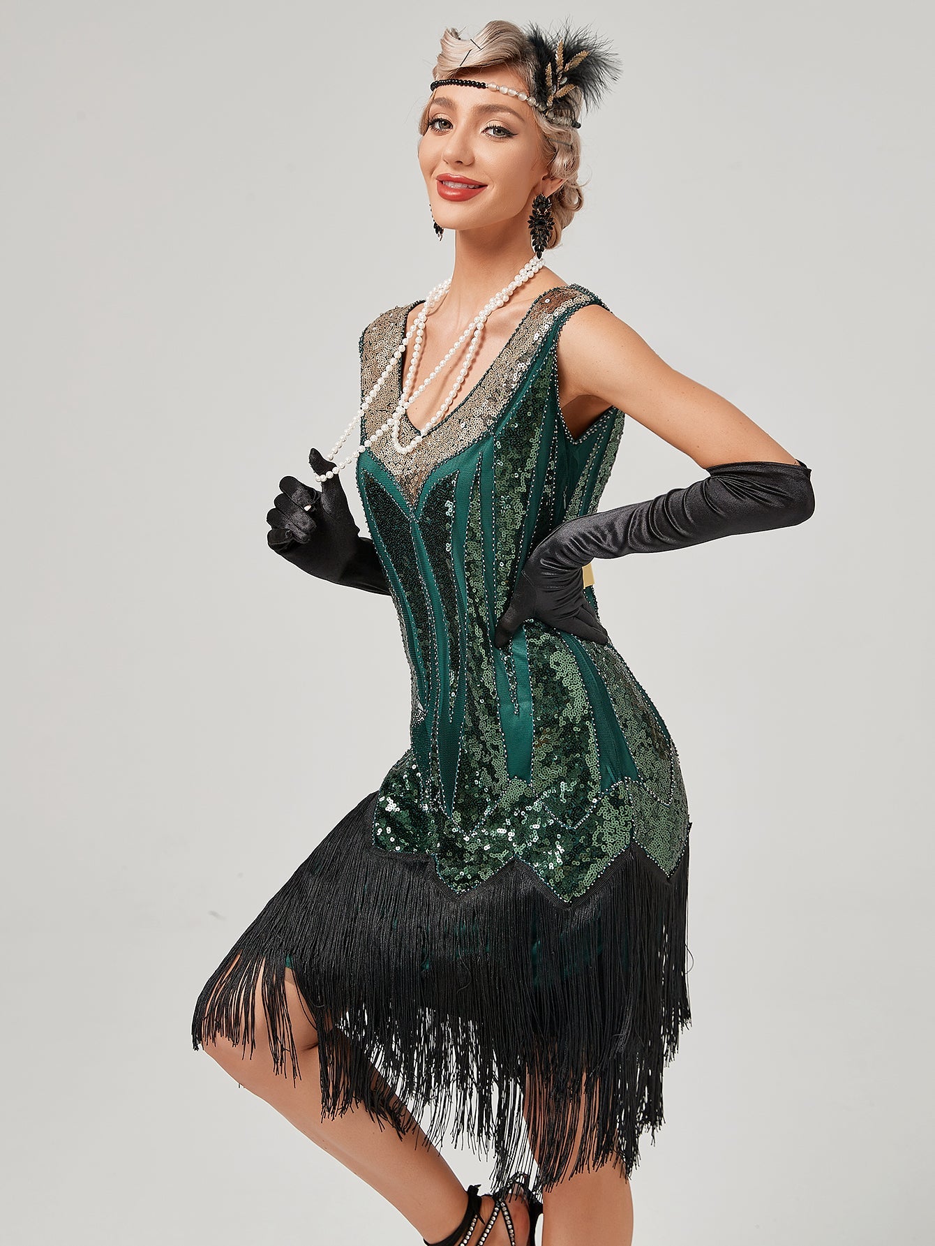 Deep V Neck Sequined Beaded Tassels 1920S Gatsby Dress