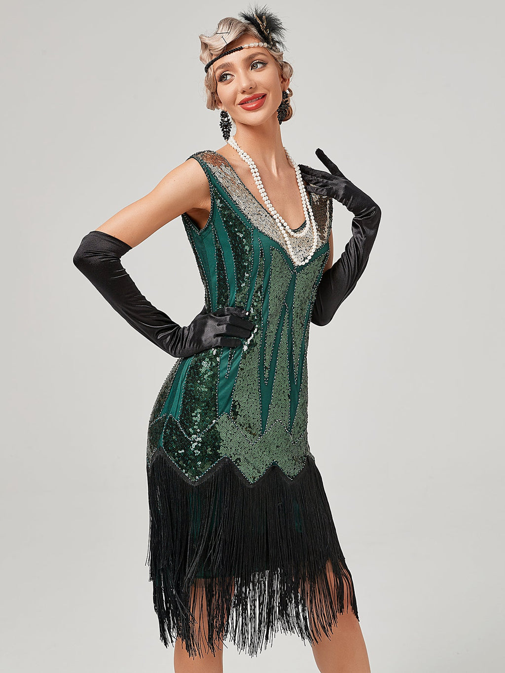 Deep V Neck Sequined Beaded Tassels 1920S Gatsby Dress