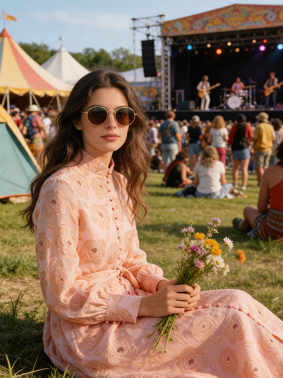 1970s Orange Lace Mandarin Collar Maxi Dress