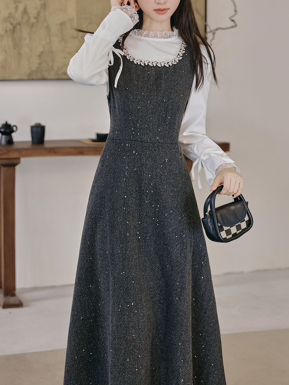 2PS Vintage White Top and Grey Sequin Lace Dress Set