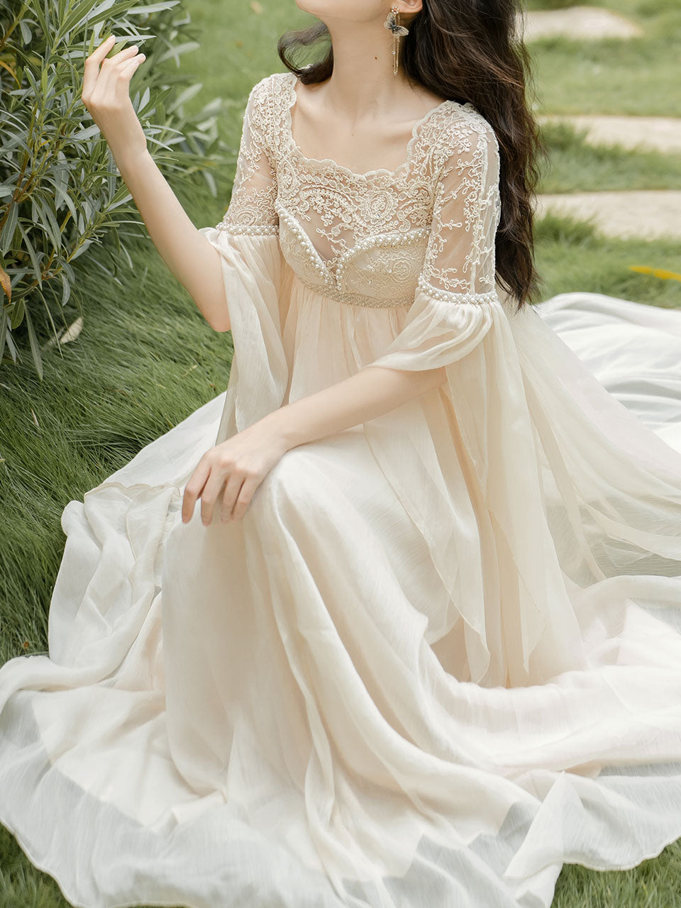White Lace Lantern Sleeves Romantic Wedding Dress