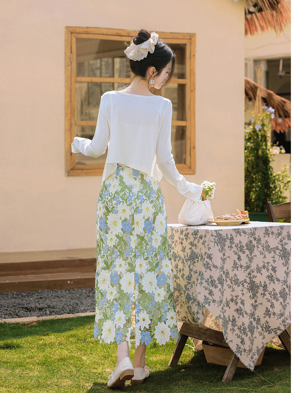 3PS White Spaghetti Strap 1950S Top and Green Lace Skirt Set