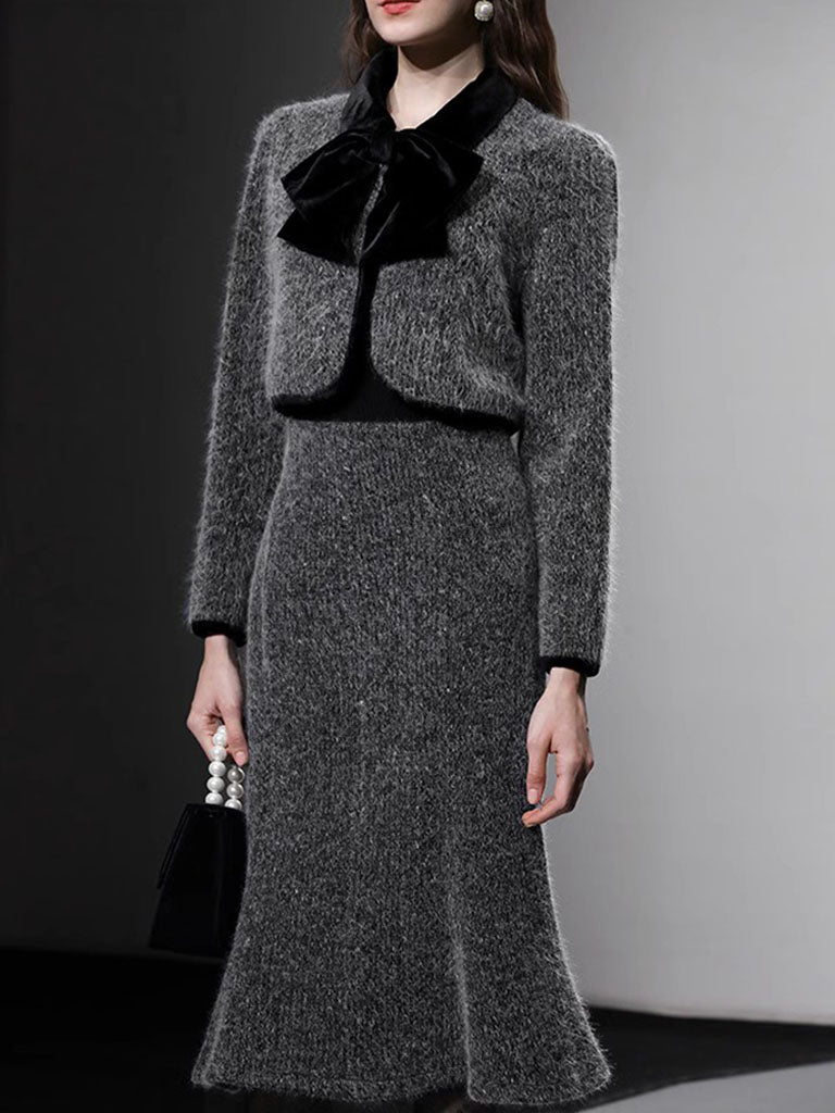 2PS Grey Bow Tweed Fabric Top And Fishtail Skirt Suit