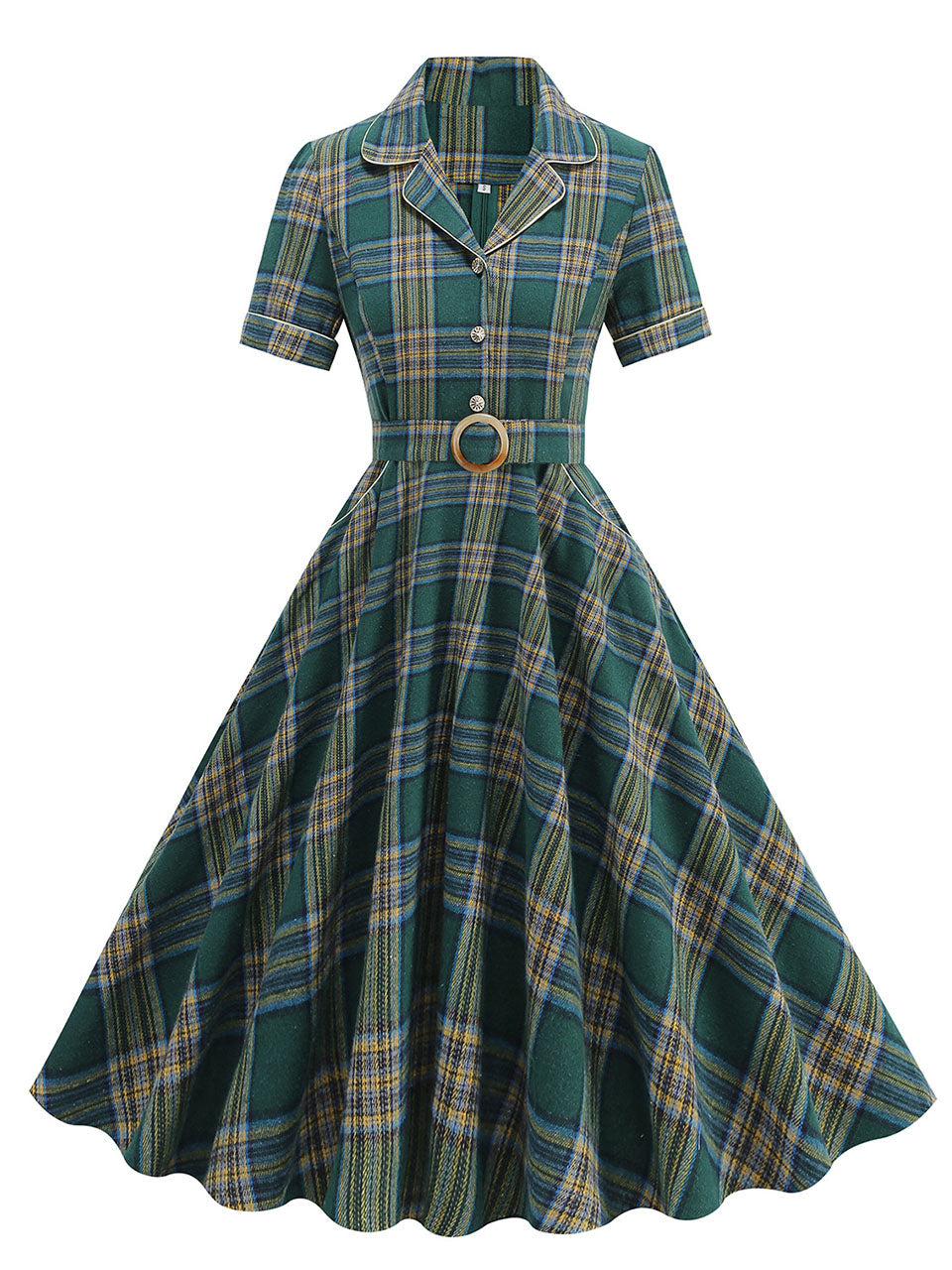 Green Plaid Turn Down Collar Short Sleeves 1950S VintageShirt Dress