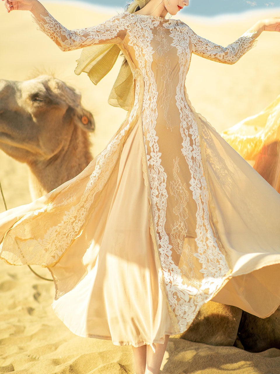 Apricot Boat Neck Lace Swing Dress