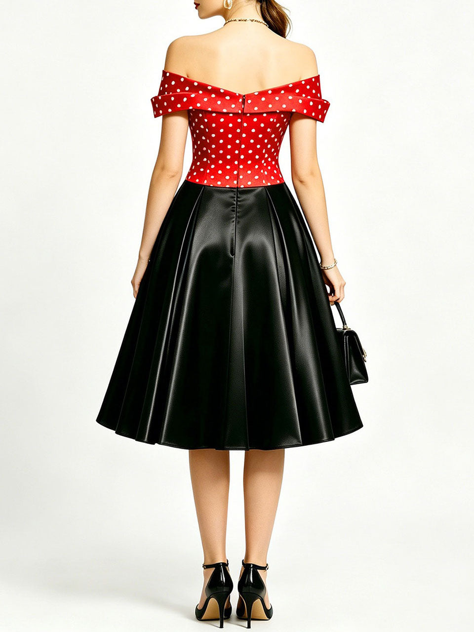 1950s Vintage Off Shoulder Polka Dot Swing Dress | Black and White Midi