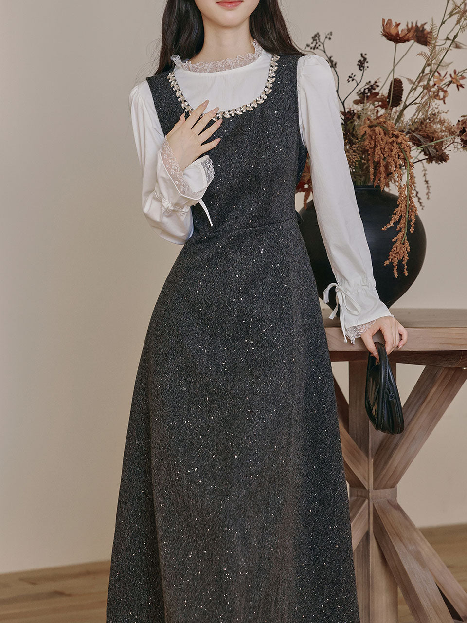2PS Vintage White Top and Grey Sequin Lace Dress Set